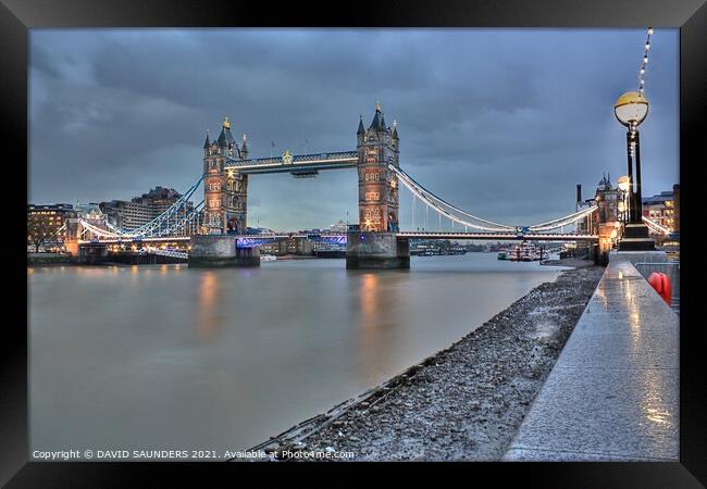 London Tower Bridge and Embankment Framed Print by DAVID SAUNDERS