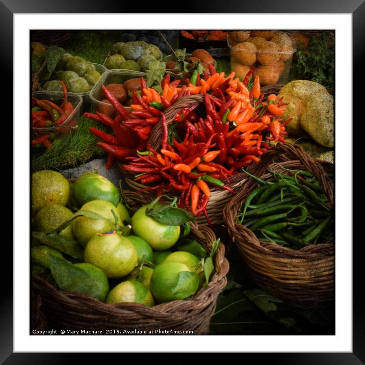 Red, Orange and Green Peppers at the Market Framed Mounted Print by Mary Machare
