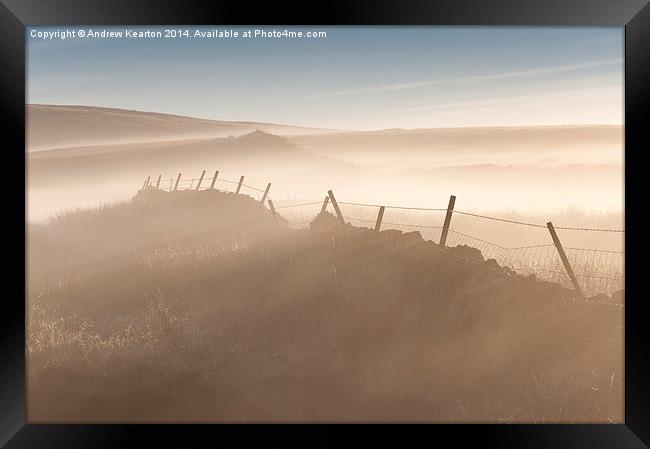 Mist and low sunlight on the moors Framed Print by Andrew Kearton