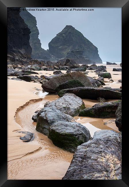 Dramatic rocky shore at Bedruthan steps, Cornwall Framed Print by Andrew Kearton