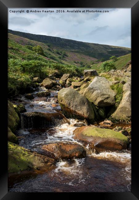 Rocky moorland stream at Crowden, Derbyshire Framed Print by Andrew Kearton
