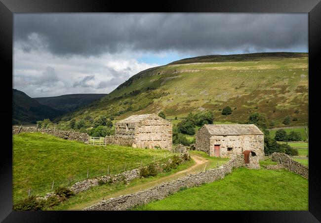 Old stone barns in Swaledale, North Yorkshire Framed Print by Andrew Kearton