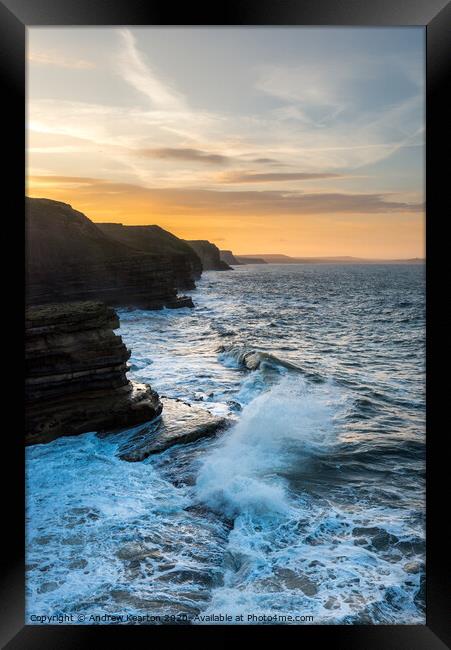 Waves breaking at Filey Brigg, North Yorkshire Framed Print by Andrew Kearton