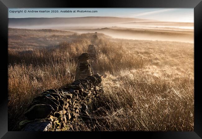 Mist and spider webs on the Pennine moors  Framed Print by Andrew Kearton