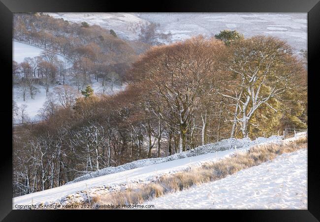 Snowy day at Little Hayfield, Peak District Framed Print by Andrew Kearton
