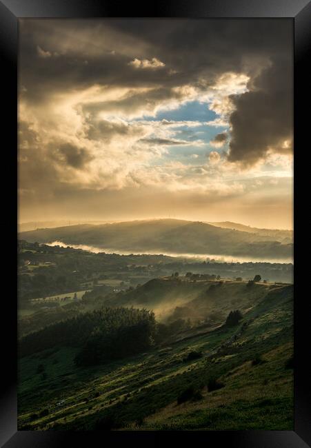 Mist and sunbeams over Charlesworth, Derbyshire Framed Print by Andrew Kearton