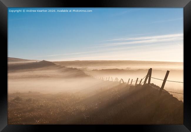 Mist drifting over a moorland wall Framed Print by Andrew Kearton