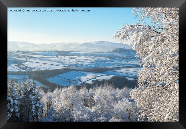 Snowy day in the hills around Tintwistle, Longdendale, Derbyshire Framed Print by Andrew Kearton