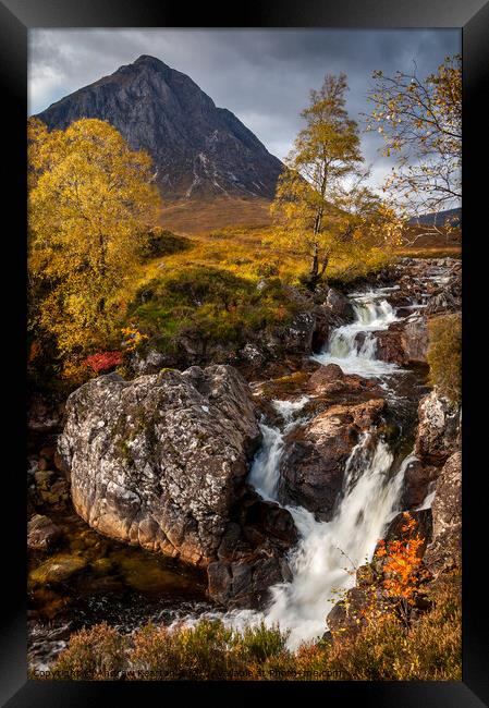 Buachaille Etive Mor Waterfall in autumn Framed Print by Andrew Kearton