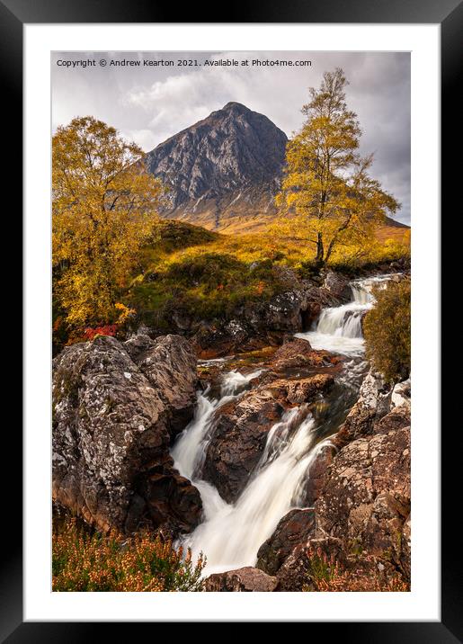 Buachaille Etive Mor Waterfall in autumn Framed Mounted Print by Andrew Kearton