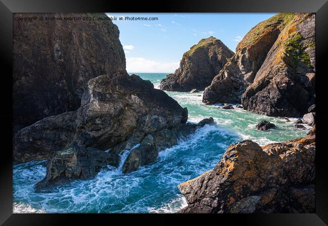 Waves between rocks, Mullion Cove, Cornwall Framed Print by Andrew Kearton