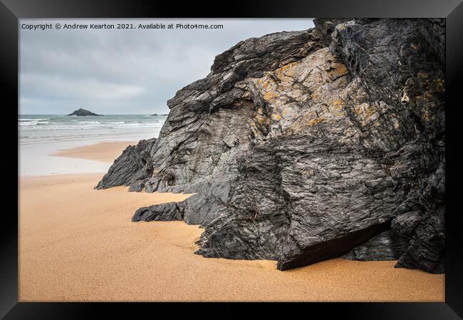 Rocks on Crantock beach, Cornwall Framed Print by Andrew Kearton