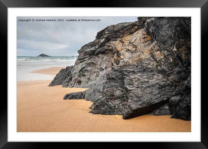 Rocks on Crantock beach, Cornwall Framed Mounted Print by Andrew Kearton
