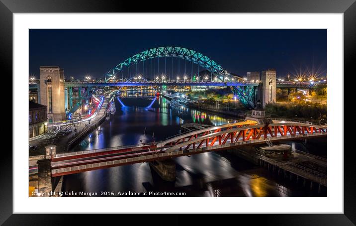 Tyne Bridge & Swing Bridge at Night Framed Mounted Print by Colin Morgan