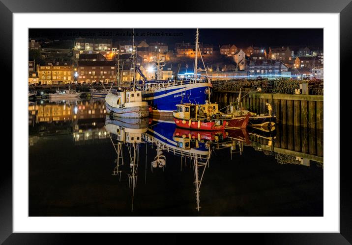 Whitby harbour at night Framed Mounted Print by Janet Burdon