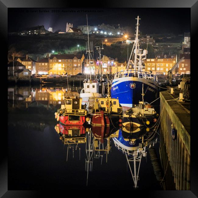 Whitby Harbour At Night Framed Print by Janet Burdon