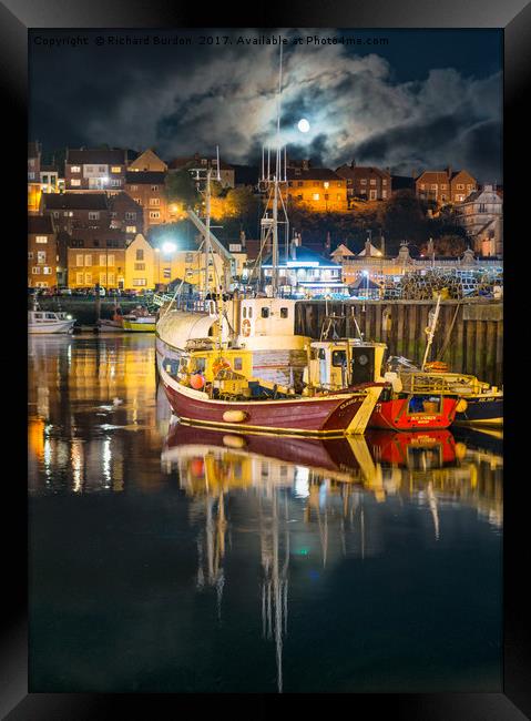 Moonrise Over Whitby Harbour Framed Print by Richard Burdon