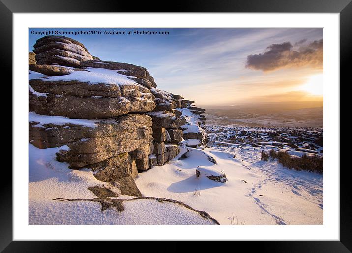   Snow at Great Mis Tor Framed Mounted Print by simon pither