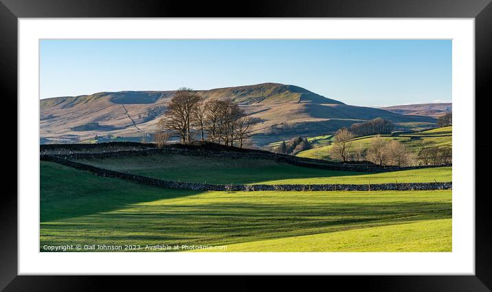 A large green field with a mountain in the background Framed Mounted Print by Gail Johnson