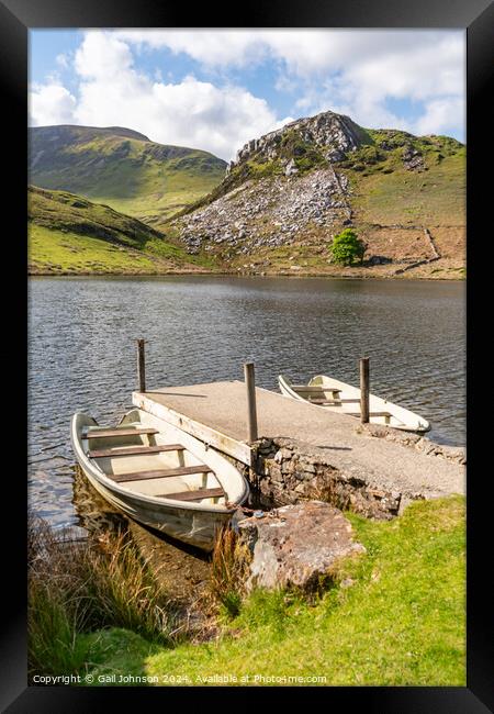 Llyn y Dywarchen a small fishing lake in Snowdonia  Framed Print by Gail Johnson