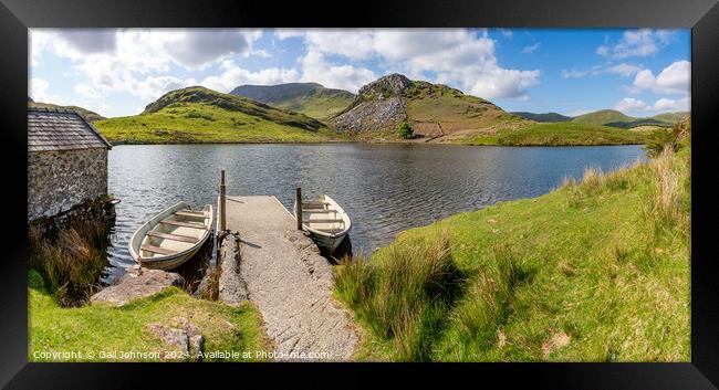 Llyn y Dywarchen a small fishing lake in Snowdonia  Framed Print by Gail Johnson