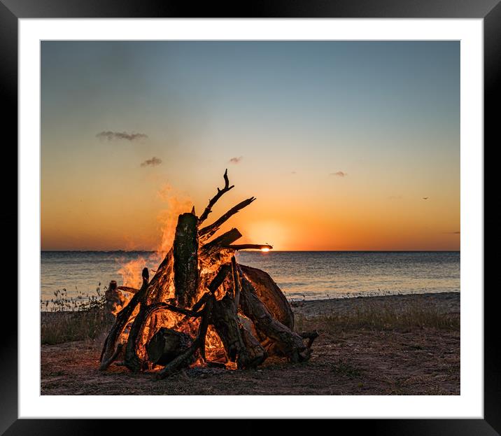 Bonfire at the beach on the Caribbean island of Cu Framed Mounted Print by Gail Johnson