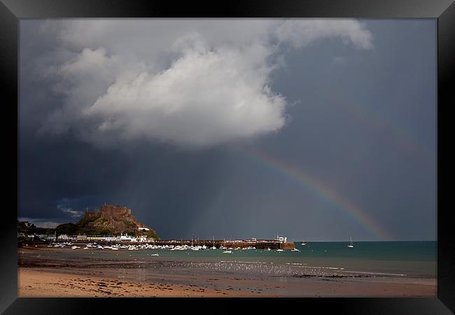 Mont Orgueil Castle rainbow Framed Print by Gail Johnson