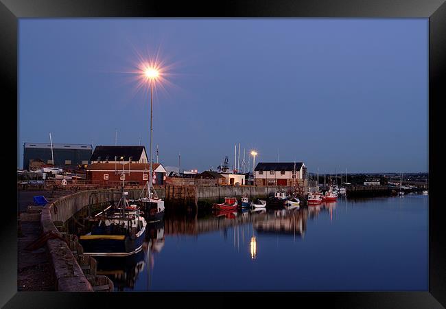 Amble Harbour at night Framed Print by Gail Johnson