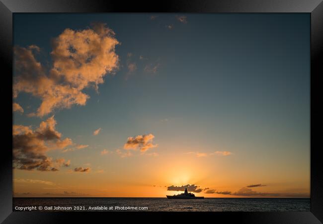 Sunset and the ship Framed Print by Gail Johnson