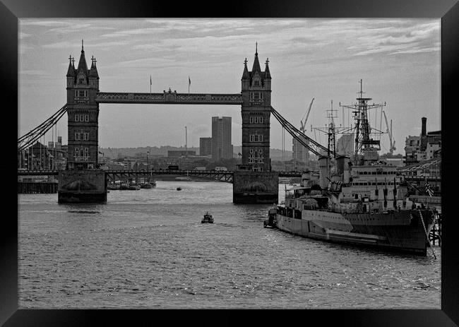 Tower Bridge and HMS Belfast Mono Framed Print by Glen Allen