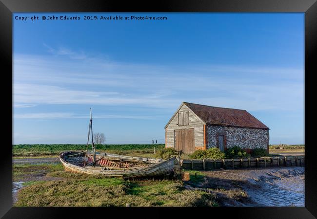 The Boat and Coal Barn at Thornham Staithe Framed Print by John Edwards
