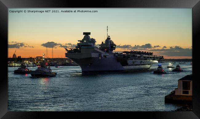 Dusk departure of HMS Queen Elizabeth with F35 on  Framed Print by Sharpimage NET
