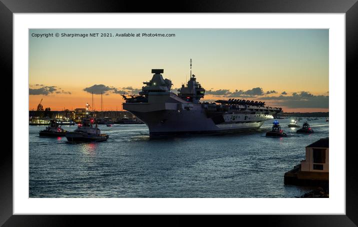 Dusk departure of HMS Queen Elizabeth with F35 on  Framed Mounted Print by Sharpimage NET