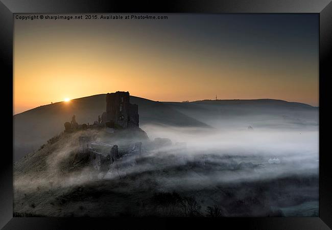 Corfe Castle through the mist  Framed Print by Sharpimage NET