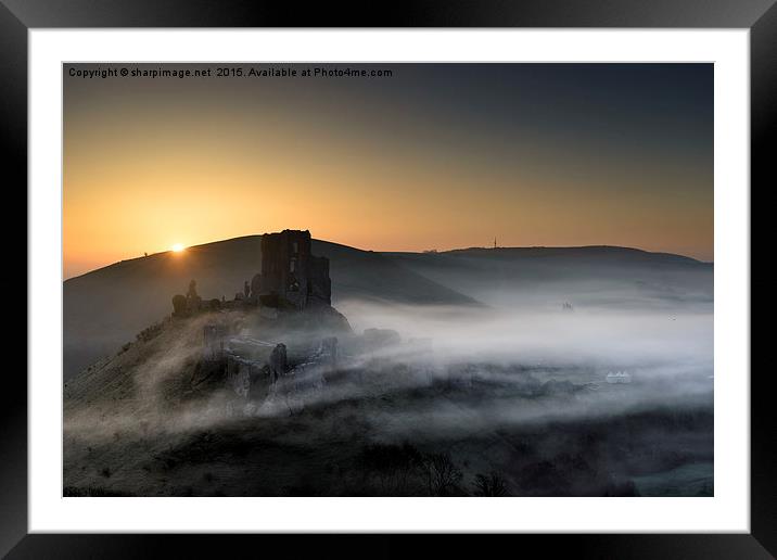 Corfe Castle through the mist  Framed Mounted Print by Sharpimage NET