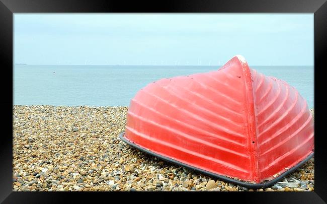  herne bay beach red boat Framed Print by pristine_ images