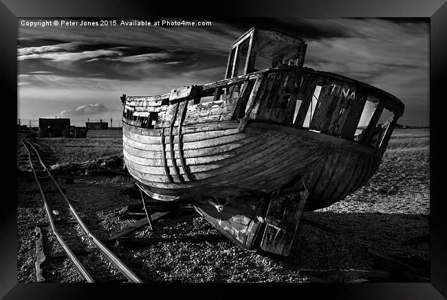  Abandoned Fishing Boat at Dungeness. Framed Print by Peter Jones