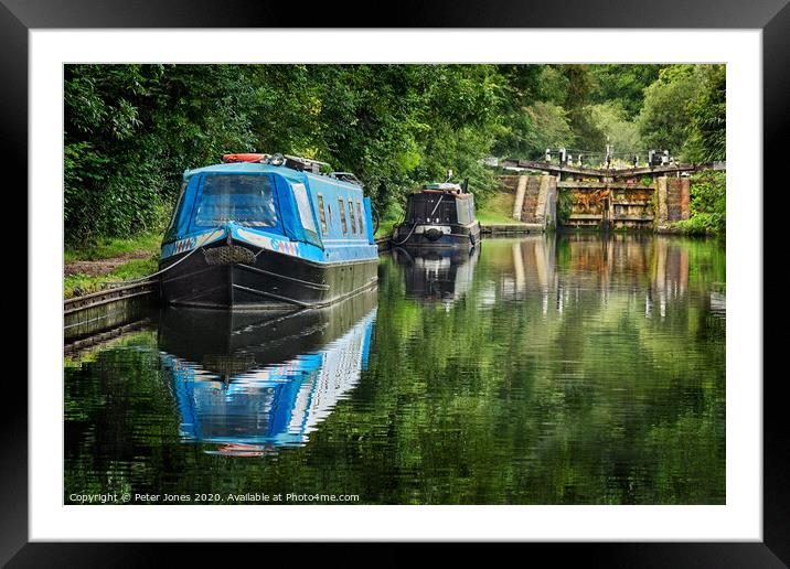 Two narrow boats and a lock gate. Framed Mounted Print by Peter Jones