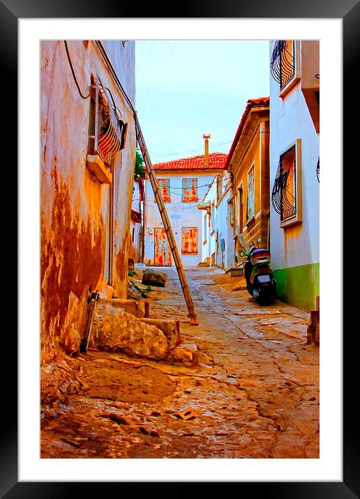 Digital painting of a Turkish village street scene Framed Mounted Print by ken biggs