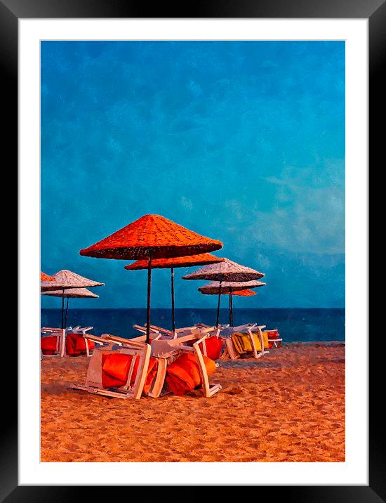 Digital painting of beach umbrellas and a tree at  Framed Mounted Print by ken biggs