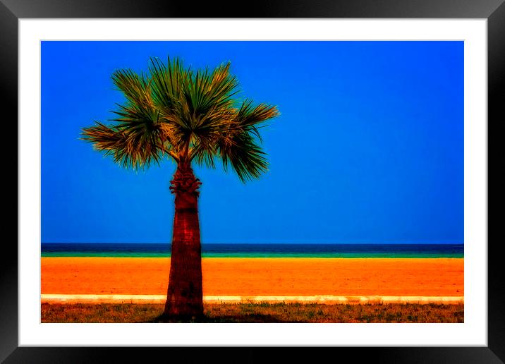 A digitally converted painting of a lone palm tree Framed Mounted Print by ken biggs