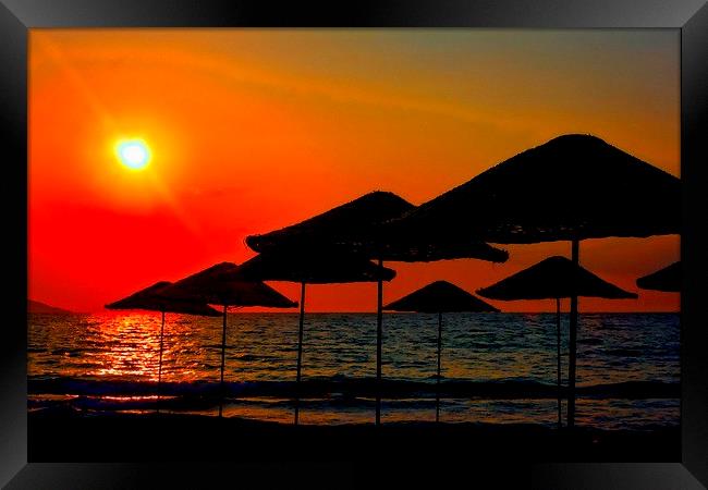 Digital painting of beach umbrellas at sunset Framed Print by ken biggs