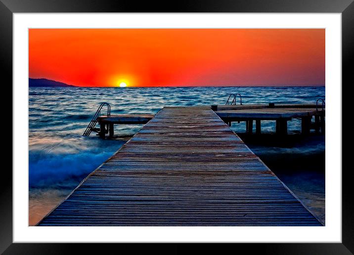 A digitally converted painting of a wooden pier at Framed Mounted Print by ken biggs