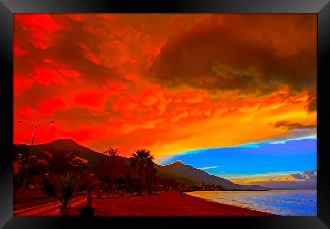 A digital painting of Mammatus clouds at sunset Framed Print by ken biggs