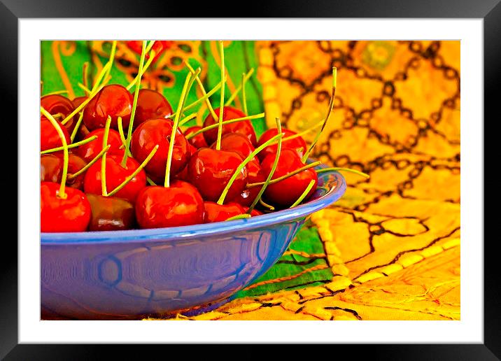 Digital painting of a bowl of ripe red cherries Framed Mounted Print by ken biggs