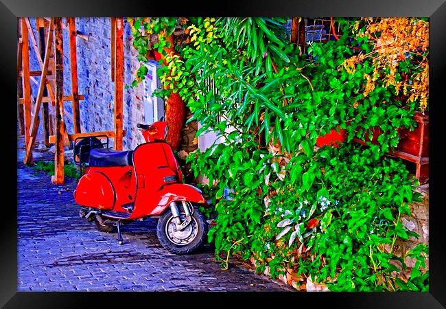  a red scooter in a village street Framed Print by ken biggs
