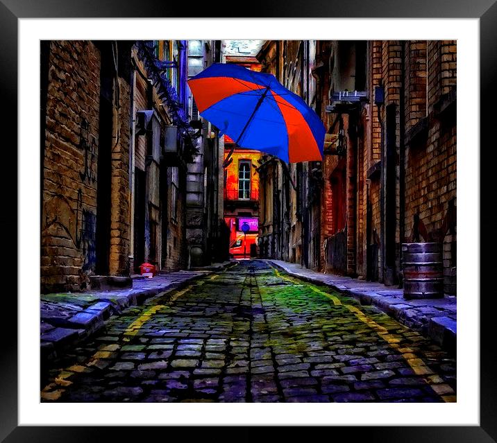 colorful umbrella in a dark back street alley Framed Mounted Print by ken biggs