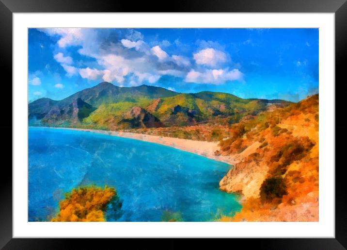 Image in painting style of Olu Deniz beach in Turk Framed Mounted Print by ken biggs