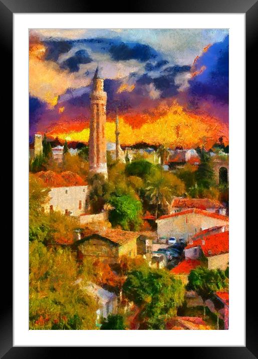 A digital painting of a View of Kaleici Antalya Tu Framed Mounted Print by ken biggs