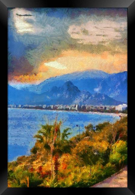 A digital painting of a View of Antalya Turkey Framed Print by ken biggs